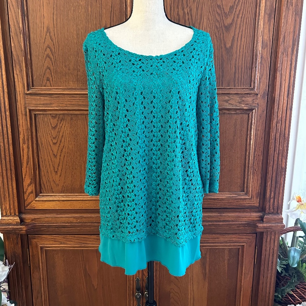 JM Collection Teal Green Lace with Layered Chiffon Trim Hem Size Large